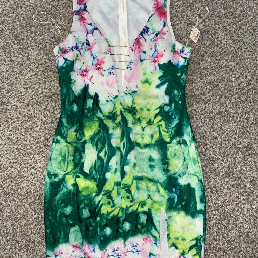 Akira Vibrant Green Floral V-Neck Bodycon Dress